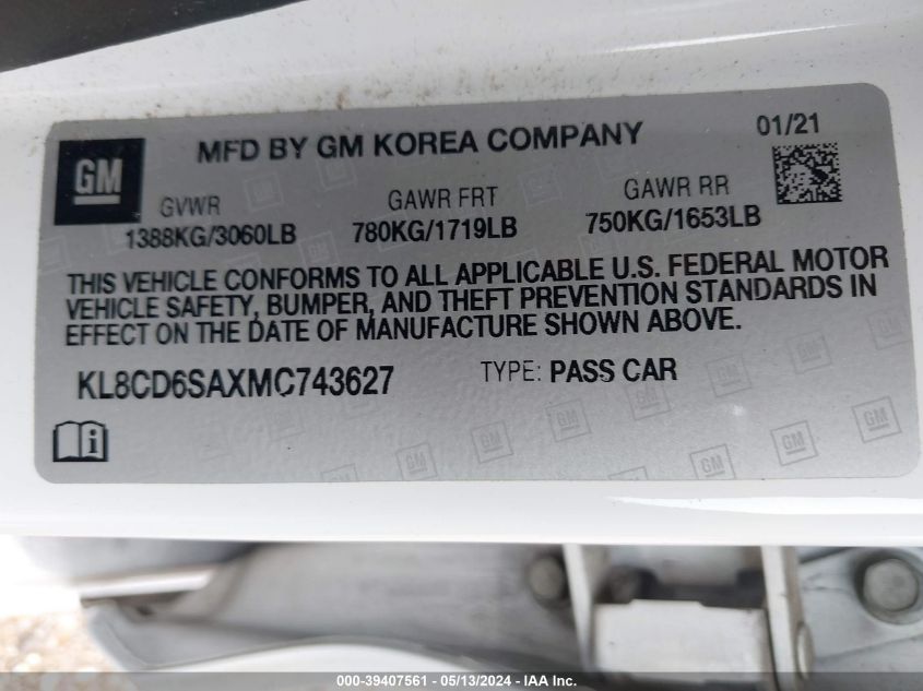 2021 Chevrolet Spark 1Lt VIN: KL8CD6SAXMC743627 Lot: 39407561