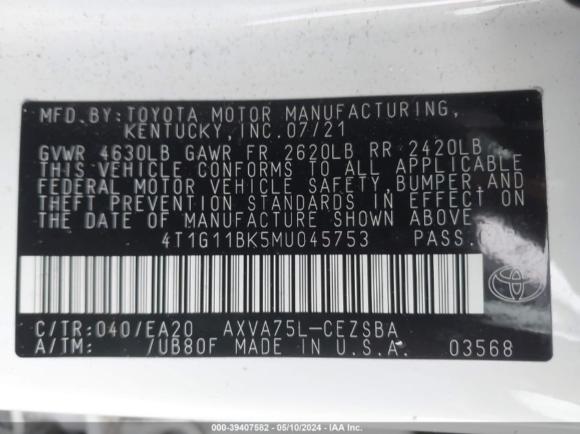 2021 Toyota Camry Se Awd VIN: 4T1G11BK5MU045753 Lot: 39407582