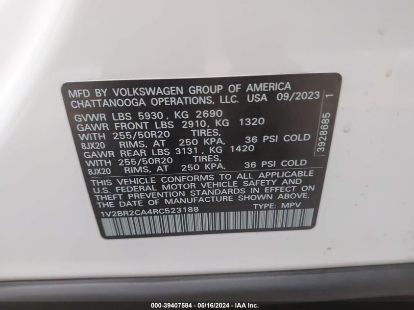 2024 Volkswagen Atlas 2.0T Sel VIN: 1V2BR2CA4RC523188 Lot: 39407584