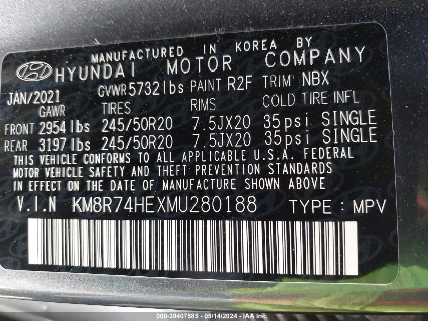 2021 Hyundai Palisade Calligraphy VIN: KM8R74HEXMU280188 Lot: 39407585