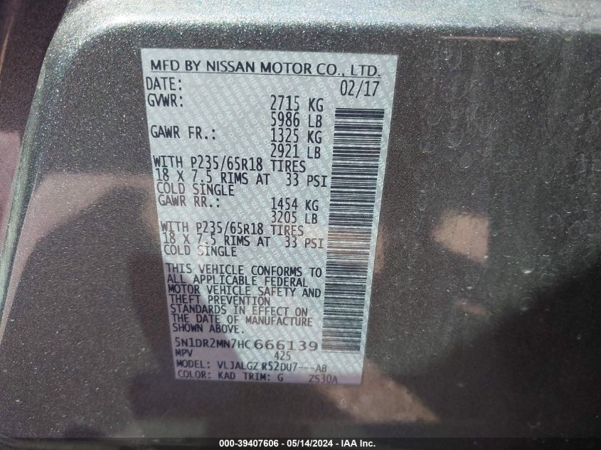 2017 Nissan Pathfinder Sl VIN: 5N1DR2MN7HC666139 Lot: 39407606