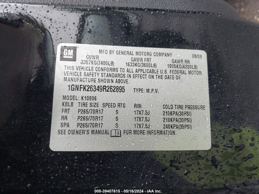 2009 Chevrolet Suburban K1500 Lt VIN: 1GNFK26349R262895 Lot: 39407615