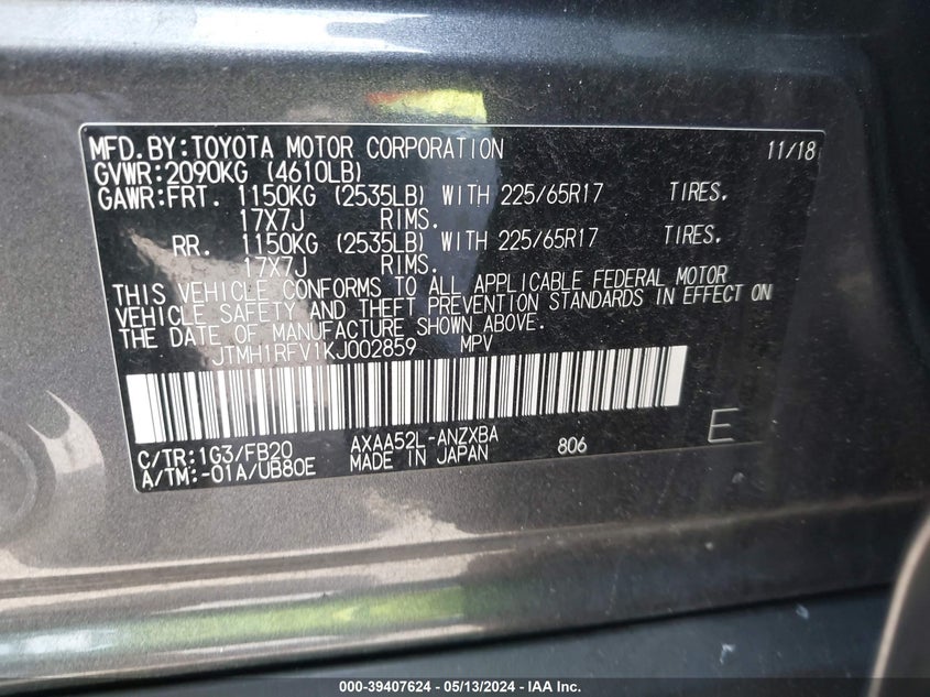 VIN JTMH1RFV1KJ002859 2019 TOYOTA RAV4 LE