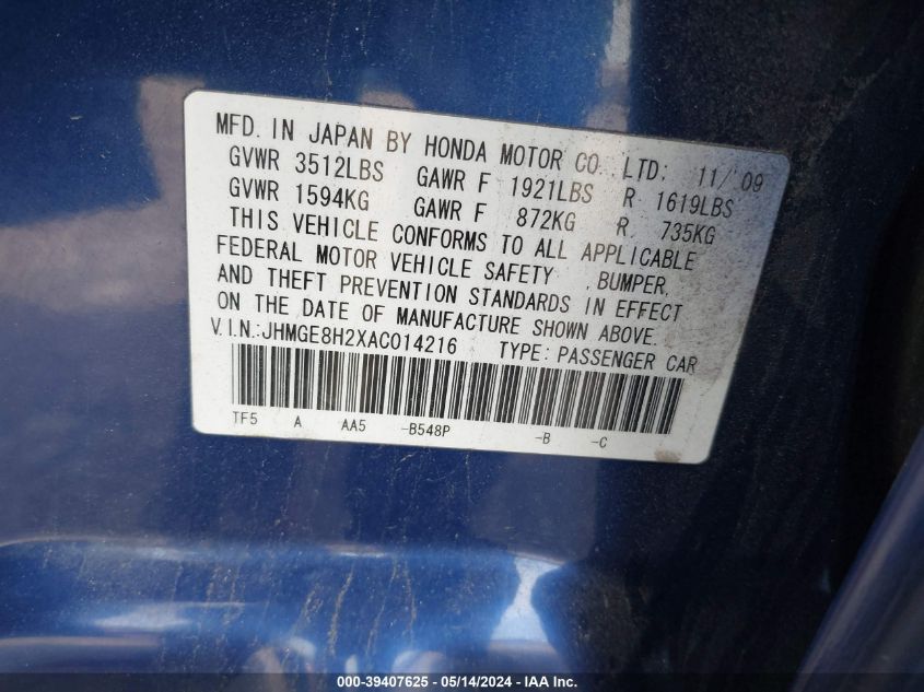 2010 Honda Fit VIN: JHMGE8H2XAC014216 Lot: 39407625