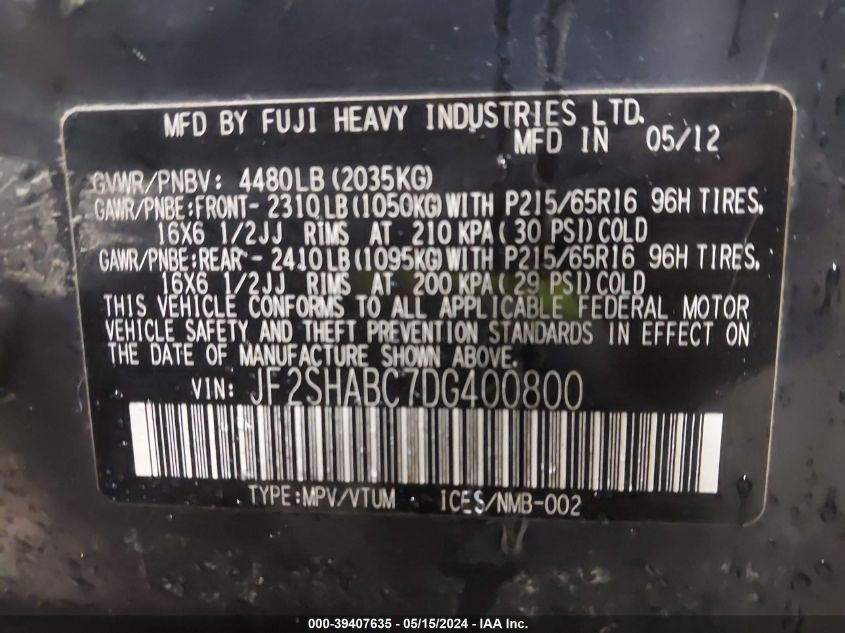 2013 Subaru Forester 2.5X VIN: JF2SHABC7DG400800 Lot: 39407635