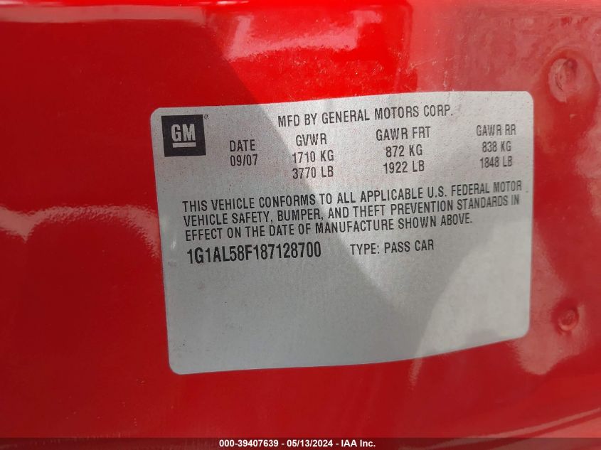 2008 Chevrolet Cobalt Lt VIN: 1G1AL58F187128700 Lot: 39407639