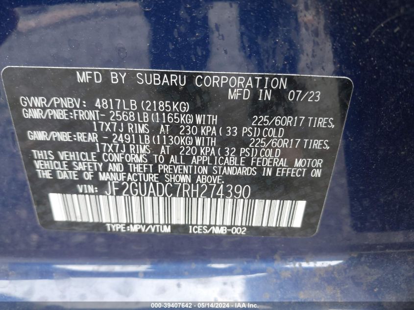 2024 Subaru Crosstrek Premium VIN: JF2GUADC7RH274390 Lot: 39407642