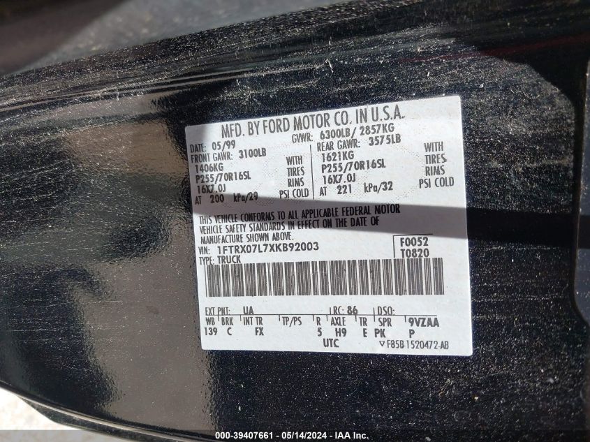 1999 Ford F-150 Lariat/Xl/Xlt VIN: 1FTRX07L7XKB92003 Lot: 39407661