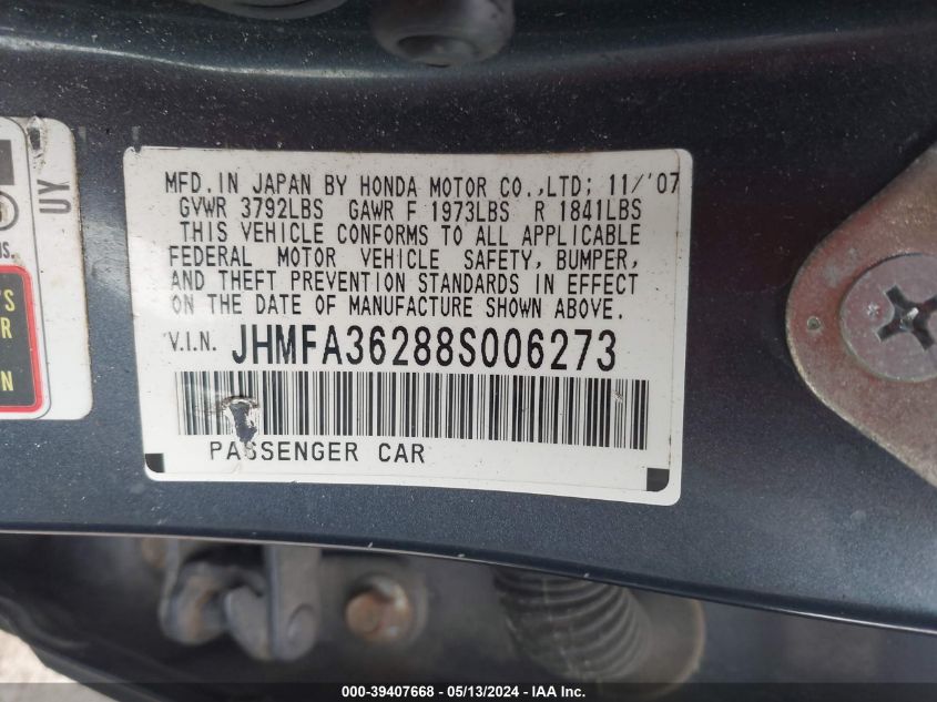 2008 Honda Civic Hybrid VIN: JHMFA36288S006273 Lot: 39407668