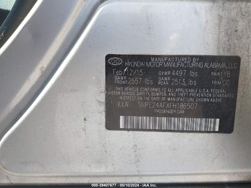 2015 Hyundai Sonata Se VIN: 5NPE24AFXFH186507 Lot: 39407677