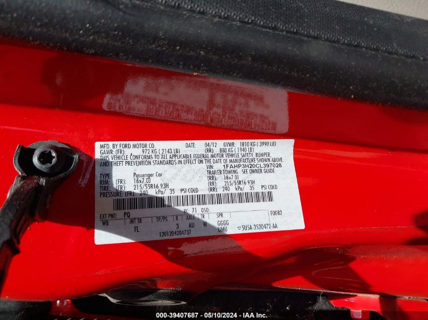 2012 Ford Focus Sel VIN: 1FAHP3H20CL397028 Lot: 39407687