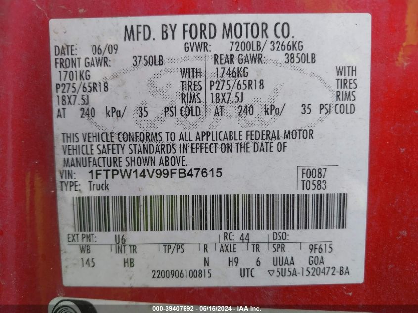 2009 Ford F-150 Fx4/King Ranch/Lariat/Platinum/Xl/Xlt VIN: 1FTPW14V99FB47615 Lot: 39407692
