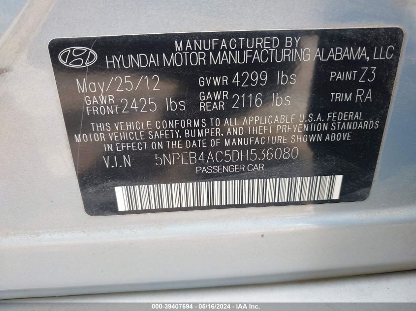 2013 Hyundai Sonata Gls VIN: 5NPEB4AC5DH536080 Lot: 39407694