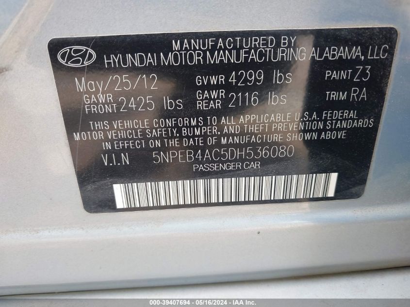 2013 HYUNDAI SONATA GLS - 5NPEB4AC5DH536080