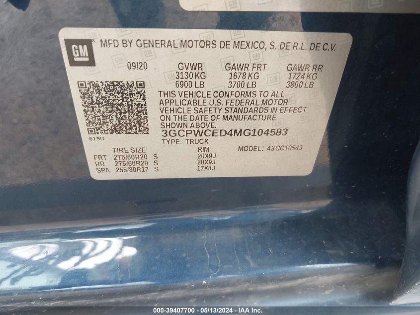 2021 Chevrolet Silverado 1500 2Wd Short Bed Lt VIN: 3GCPWCED4MG104583 Lot: 39407700