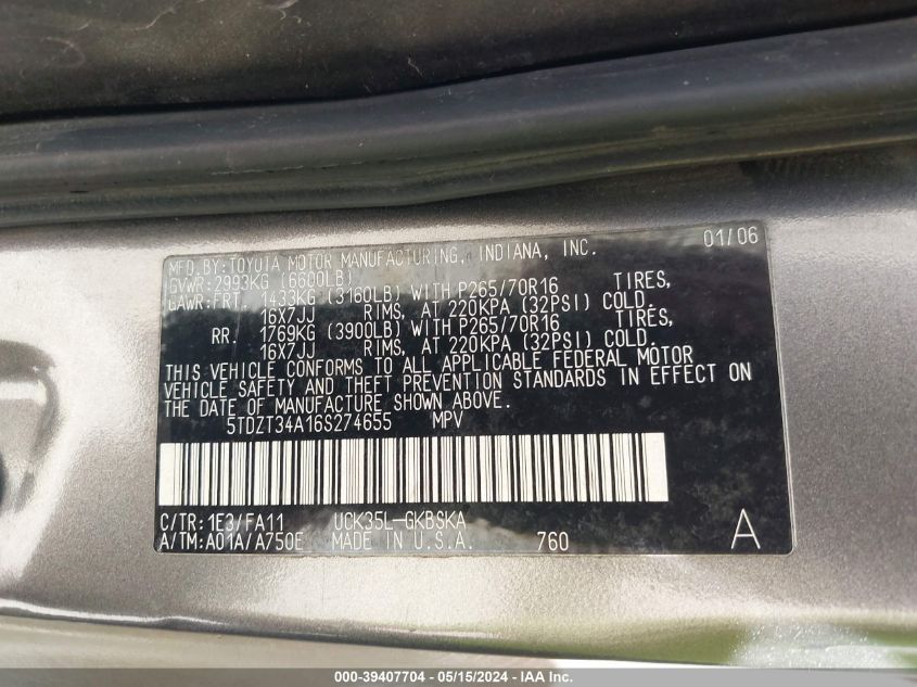 2006 Toyota Sequoia Sr5 V8 VIN: 5TDZT34A16S274655 Lot: 39407704