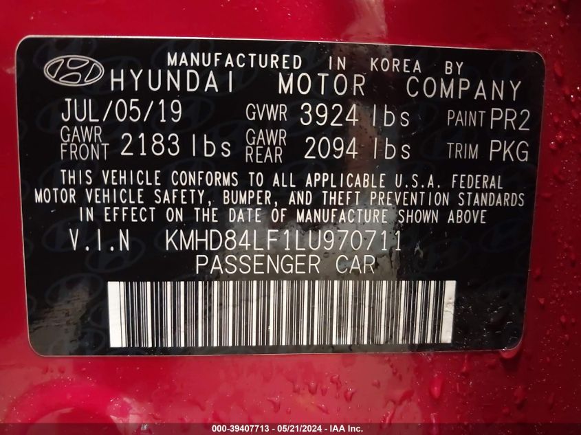 2020 Hyundai Elantra Sel/Value/Limited VIN: KMHD84LF1LU970711 Lot: 39407713