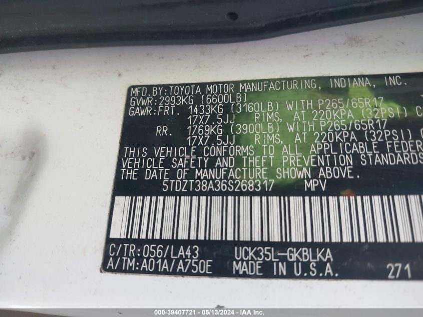 2006 Toyota Sequoia Limited V8 VIN: 5TDZT38A36S268317 Lot: 39407721