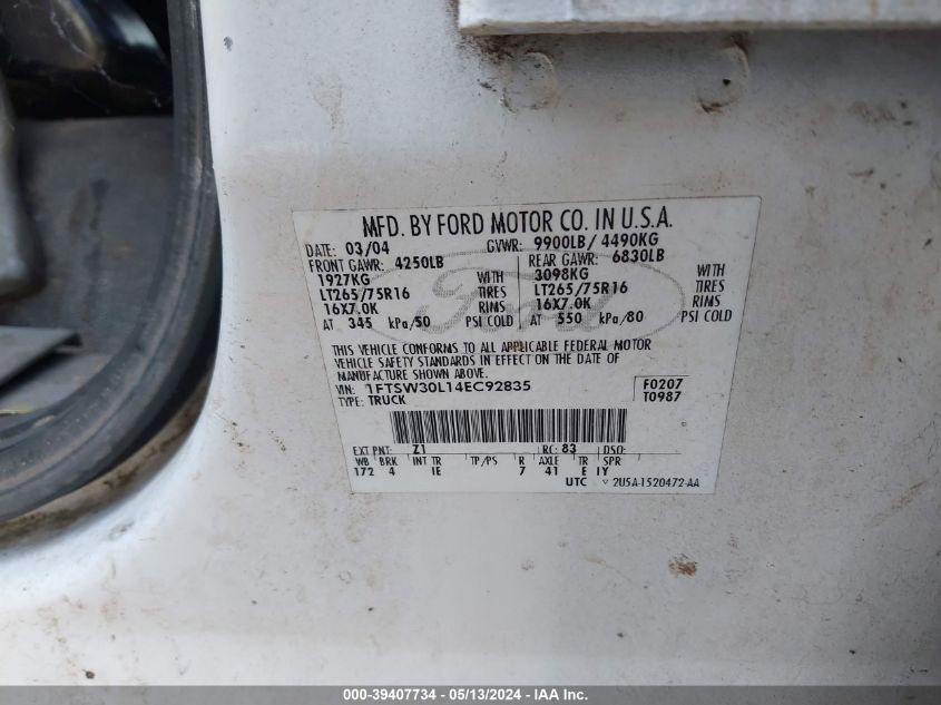 2004 Ford F-350 Lariat/Xl/Xlt VIN: 1FTSW30L14EC92835 Lot: 39407734