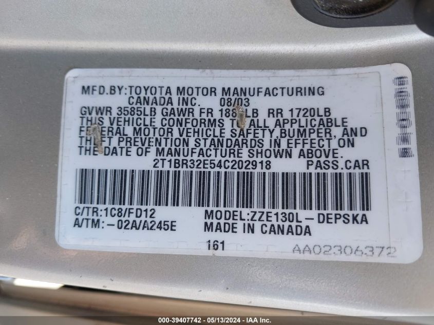 2004 Toyota Corolla S VIN: 2T1BR32E54C202918 Lot: 39407742