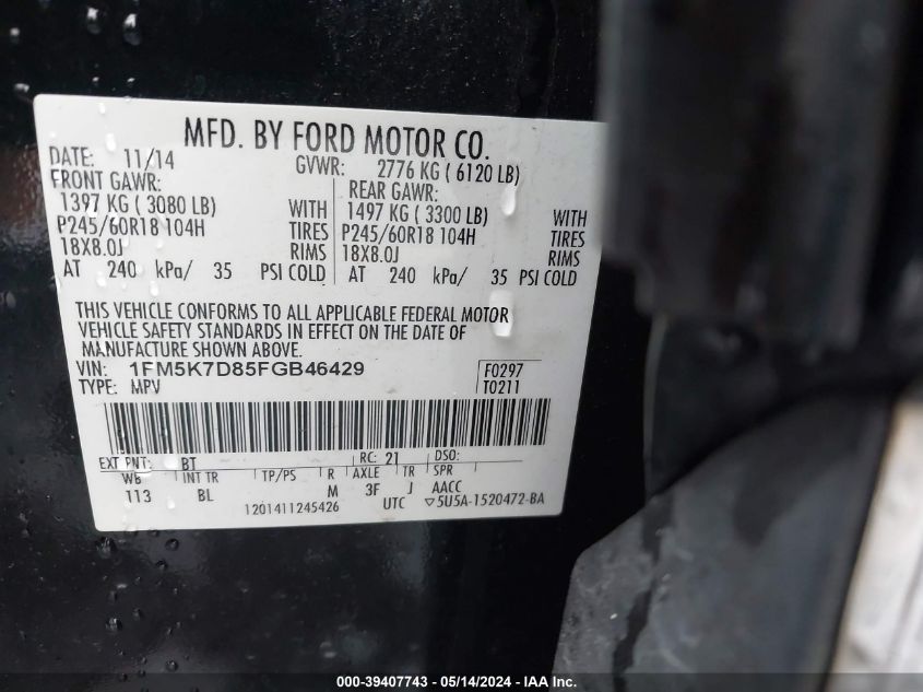 2015 Ford Explorer Xlt VIN: 1FM5K7D85FGB46429 Lot: 39407743