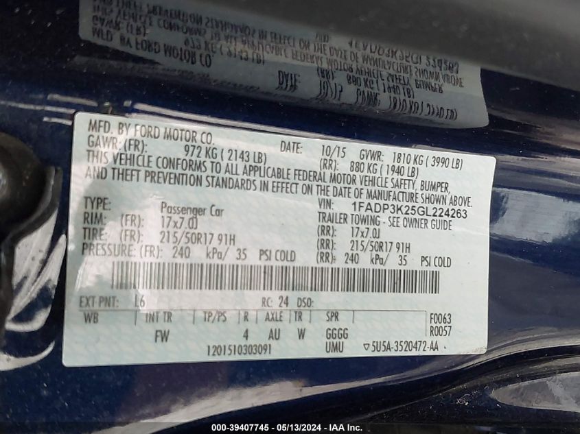 2016 Ford Focus Se VIN: 1FADP3K25GL224263 Lot: 39407745