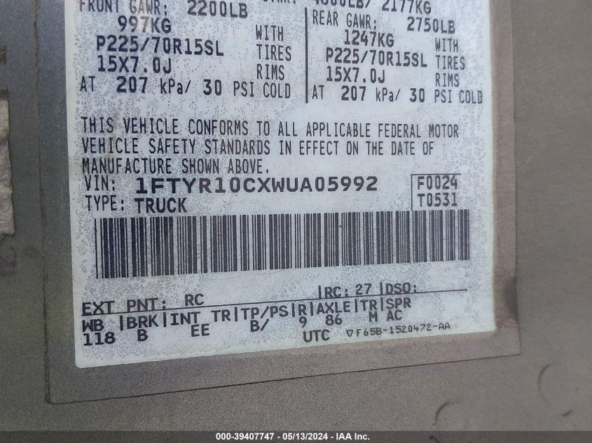 1998 Ford Ranger Splash/Xl/Xlt VIN: 1FTYR10CXWUA05992 Lot: 39407747