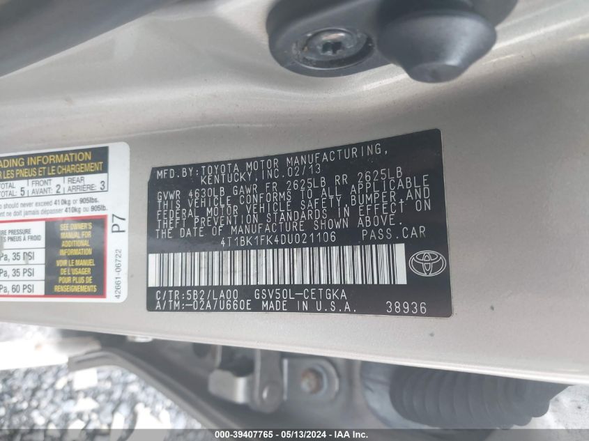 2013 Toyota Camry Xle V6 VIN: 4T1BK1FK4DU021106 Lot: 39407765