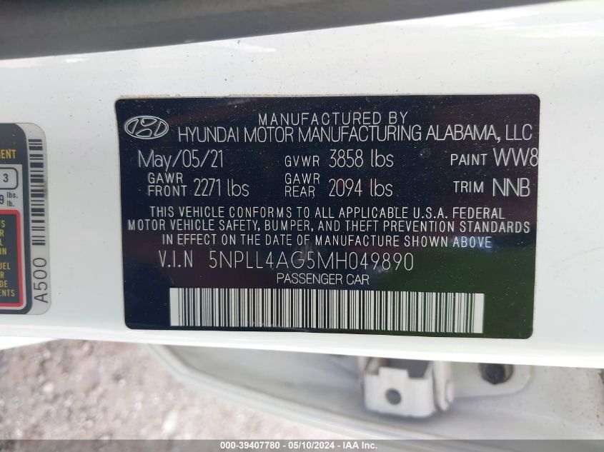 2021 Hyundai Elantra Se VIN: 5NPLL4AG5MH049890 Lot: 39407780