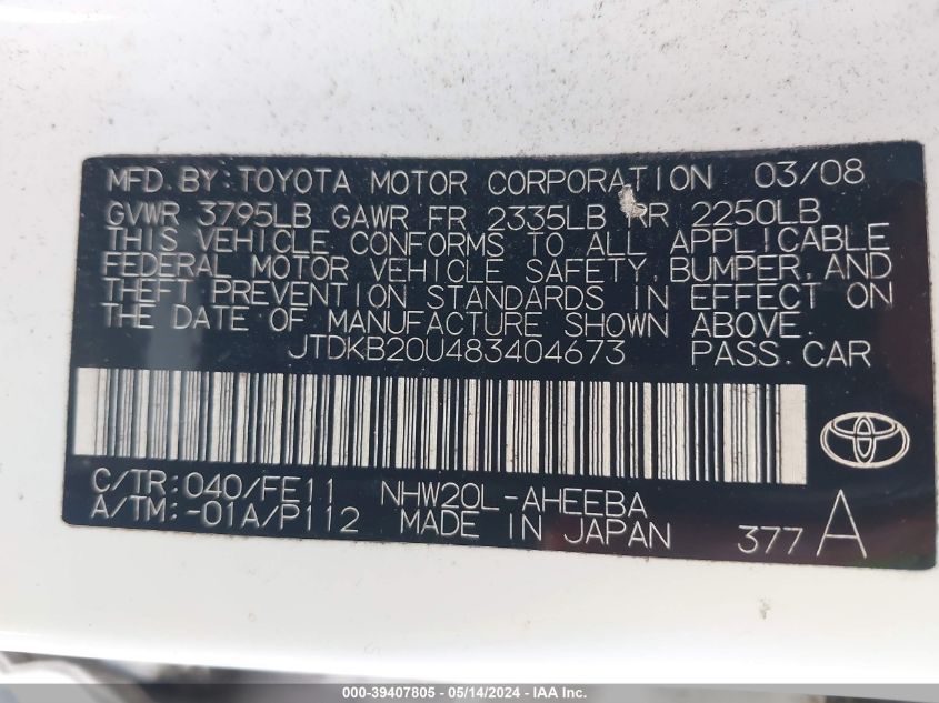 2008 Toyota Prius VIN: JTDKB20U483404673 Lot: 39407805
