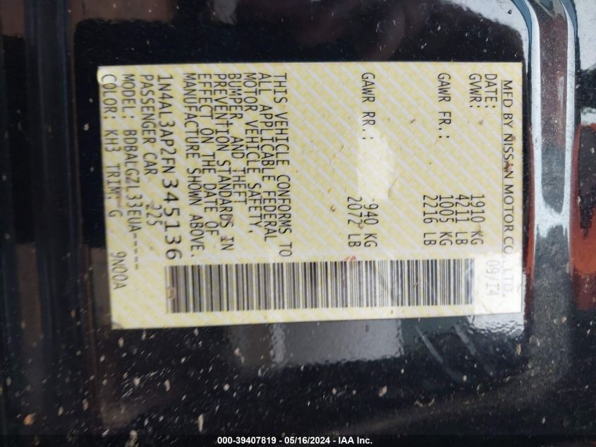 2015 Nissan Altima 2.5/2.5 S/2.5 Sl/2.5 Sv VIN: 1N4AL3AP2FN345136 Lot: 39407819