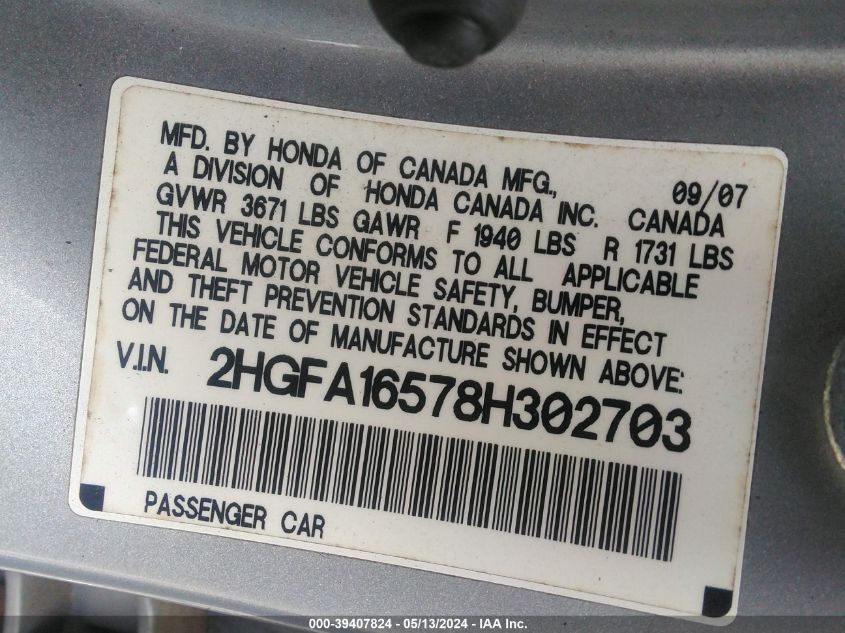 2008 Honda Civic Lx VIN: 2HGFA16578H302703 Lot: 39407824