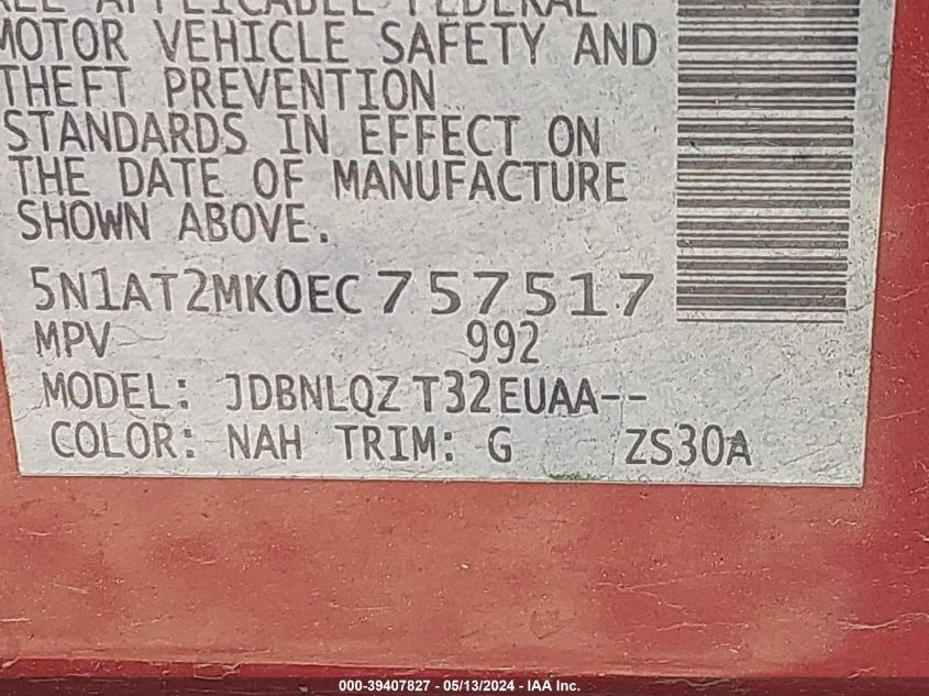 2014 Nissan Rogue Sv VIN: 5N1AT2MK0EC757517 Lot: 39407827