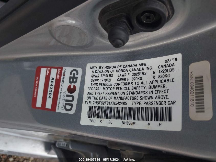 2019 Honda Civic Sport VIN: 2HGFC2F84KH542485 Lot: 39407835