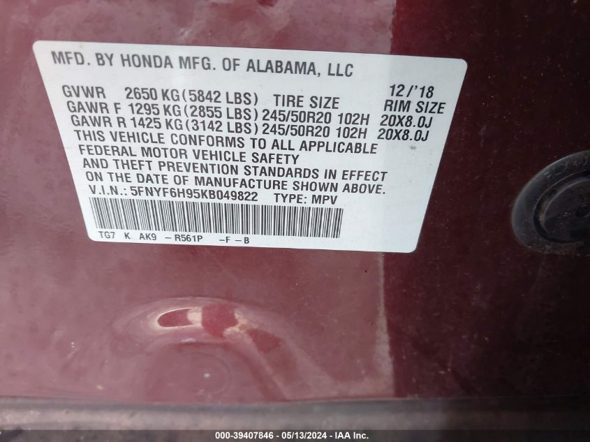 2019 Honda Pilot Touring VIN: 5FNYF6H95KB049822 Lot: 39407846