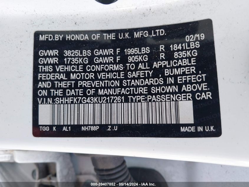 2019 Honda Civic Sport VIN: SHHFK7G43KU217261 Lot: 39407852