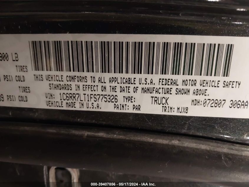 2015 Ram 1500 Big Horn VIN: 1C6RR7LT1FS775326 Lot: 39407856