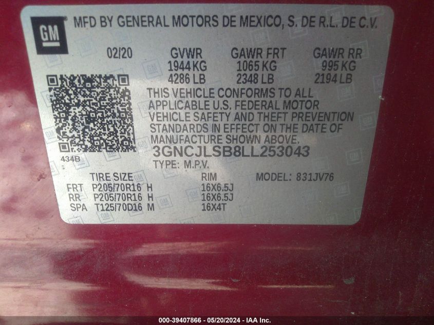 2020 Chevrolet Trax Fwd Lt VIN: 3GNCJLSB8LL253043 Lot: 39407866