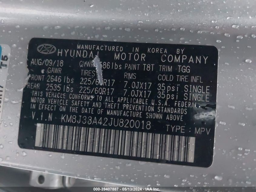 2018 Hyundai Tucson Sel VIN: KM8J33A42JU820018 Lot: 39407887