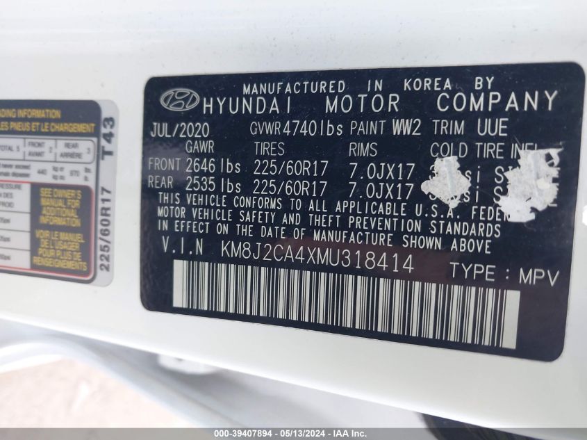 2021 Hyundai Tucson Se VIN: KM8J2CA4XMU318414 Lot: 39407894