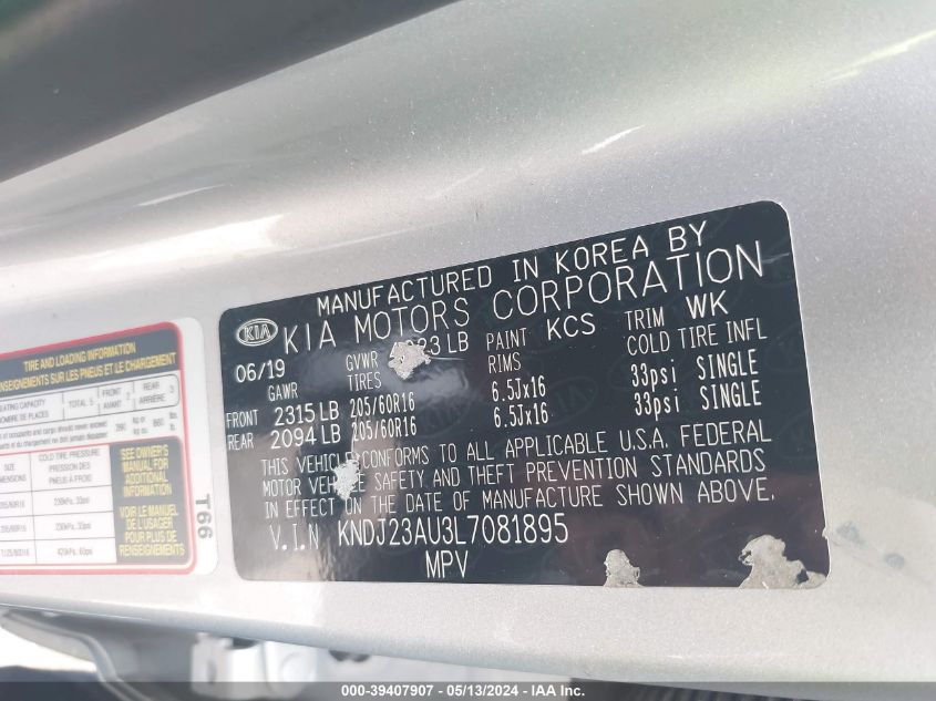 2020 Kia Soul Lx VIN: KNDJ23AU3L7081895 Lot: 39407907