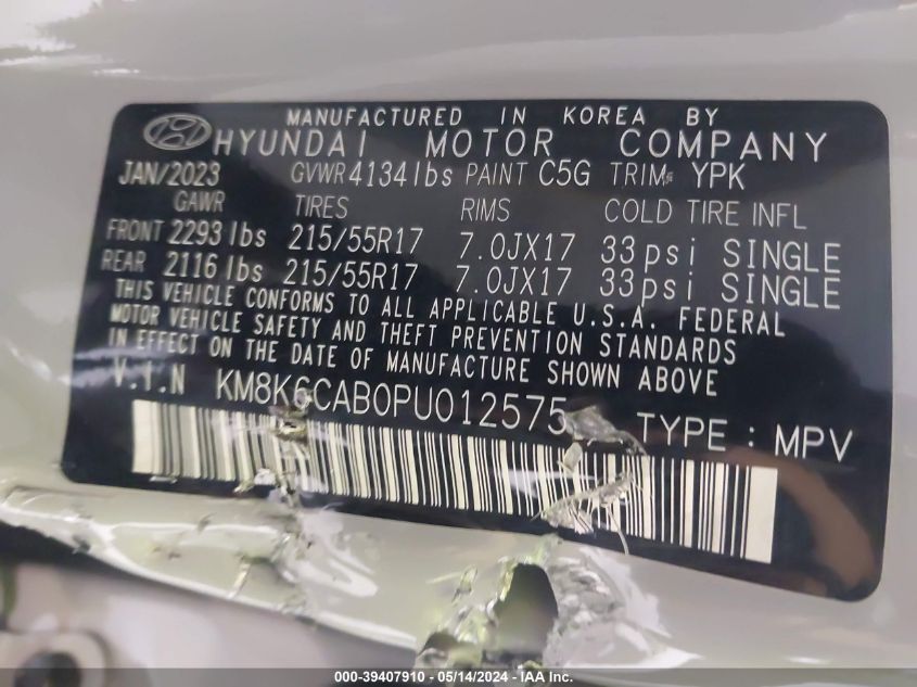 2023 Hyundai Kona Sel VIN: KM8K6CAB0PU012575 Lot: 39407910