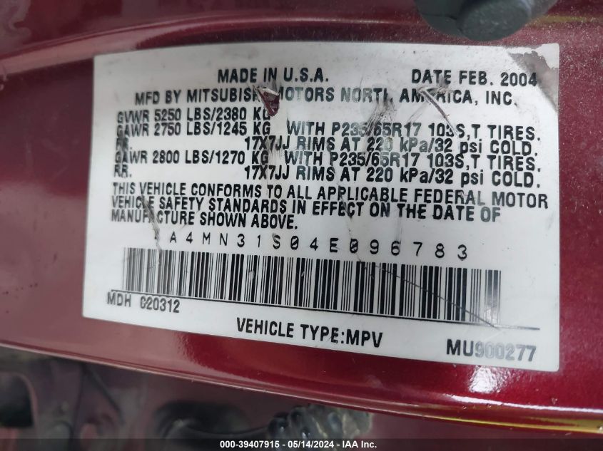 2004 Mitsubishi Endeavor Xls VIN: 4A4MN31S04E096783 Lot: 39407915