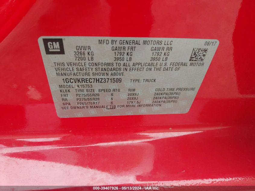 2017 Chevrolet Silverado 1500 2Lt VIN: 1GCVKREC7HZ371509 Lot: 39407926