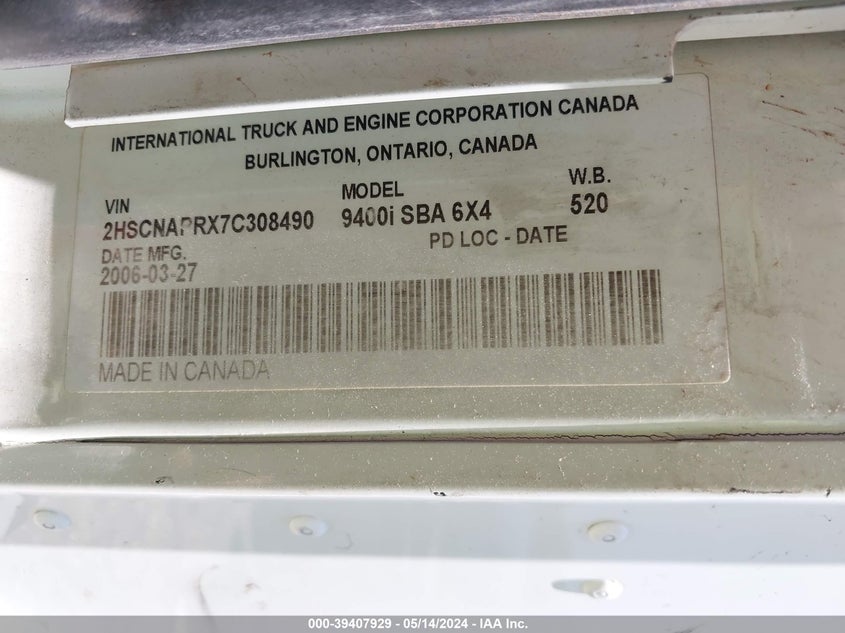 2007 International 9400 9400I VIN: 2HSCNAPRX7C308490 Lot: 39407929
