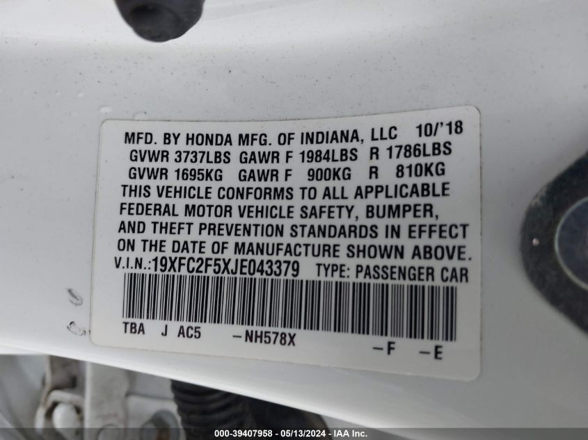 2018 Honda Civic Lx VIN: 19XFC2F5XJE043379 Lot: 39407958