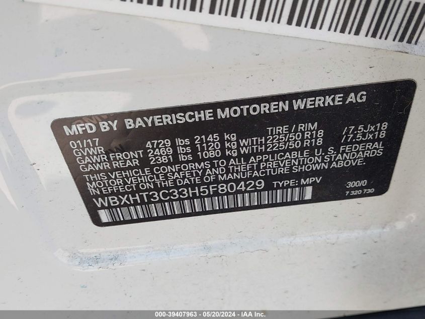 2017 BMW X1 xDrive28I VIN: WBXHT3C33H5F80429 Lot: 39407963