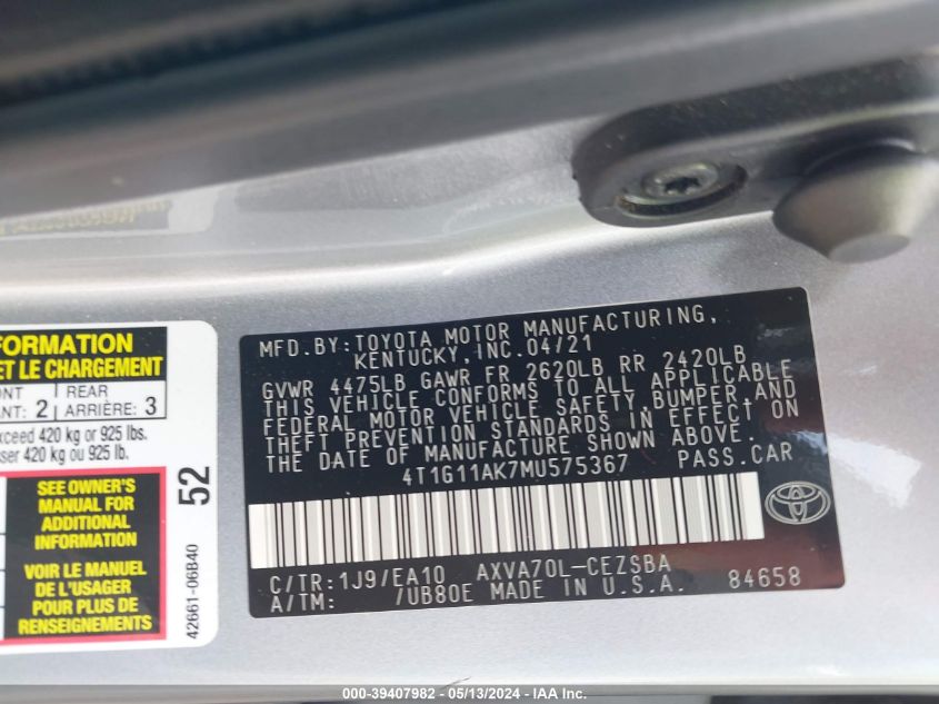 2021 Toyota Camry Se VIN: 4T1G11AK7MU575367 Lot: 39407982