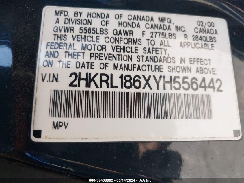2000 Honda Odyssey Ex VIN: 2HKRL186XYH556442 Lot: 39408002