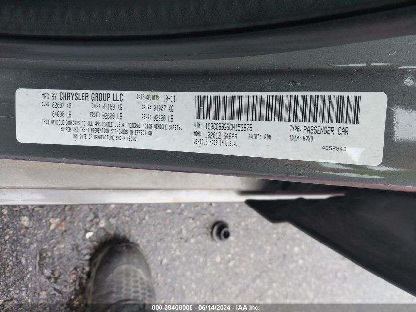 2012 Chrysler 200 Touring VIN: 1C3CCBBG6CN153875 Lot: 39408008